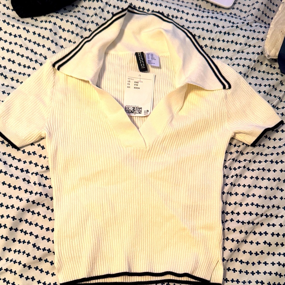 Zara Cream Ribbed Polo with Black Trim